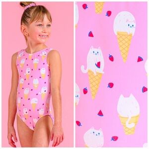 Pink Kitty Cones Ice Cream Cat Print Destira Leotard - girls size 6/7 + 2 doll